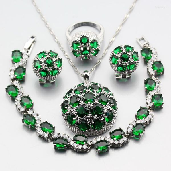 Brincos de colar Set Manny Trinket Big Ball Green Zircon Silver-cor para mulheres Tamanho do anel 6-7-8-9-10 Comprimento da pulseira 20cm W312