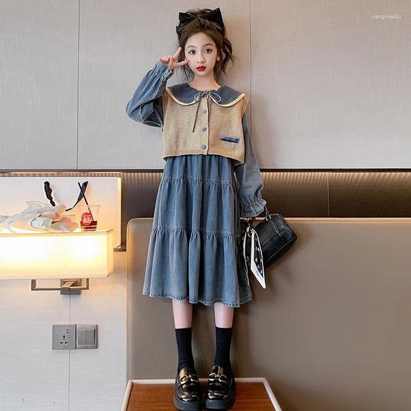 Kleidung Sets Koreanische Kinder 2023 Frühling Herbst Denim Rock Teenager Mädchen Lange Ärmeln Zwei-stück Kleid Kleinkind 2-stück