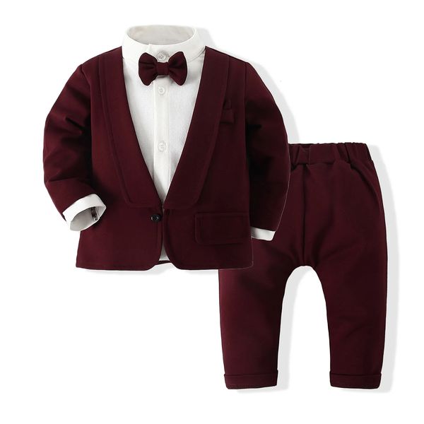 Пижамы для малышей, одежда на первый день рождения, осенние наряды джентльмена для детей 1, 2, 3 лет, праздничный костюм для мальчиков, однотонные штаны, комплект из 2 предметов, свадебный костюм для малышей 231122