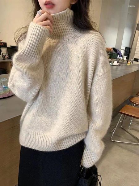 Suéteres femininos outono inverno suéter de caxemira roupas de lã pura gola alta pulôver solto tamanho grande engrossar malha top coreano