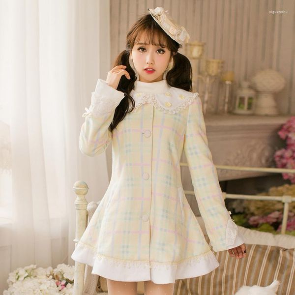 Lässige Kleider Prinzessin Sweet Lolita Plaid Dress Candy Rain Bow Lace Dekoration A-Linie Reverskragen Flower Nail Japanese Design C16CD6195