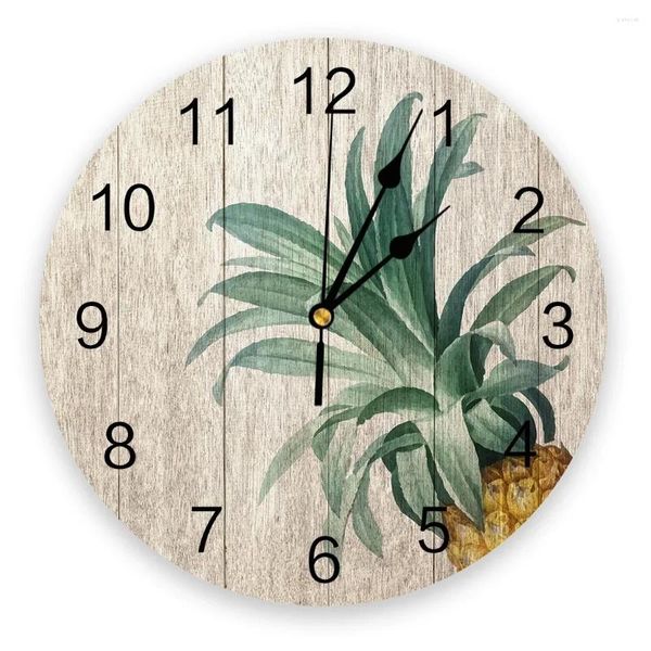 Wanduhren, Ananas-Frucht auf Vintage-Holzbrett, runde Uhr, kreative Heimdekoration, Wohnzimmer, Quarz-Nadel-Hängeuhr