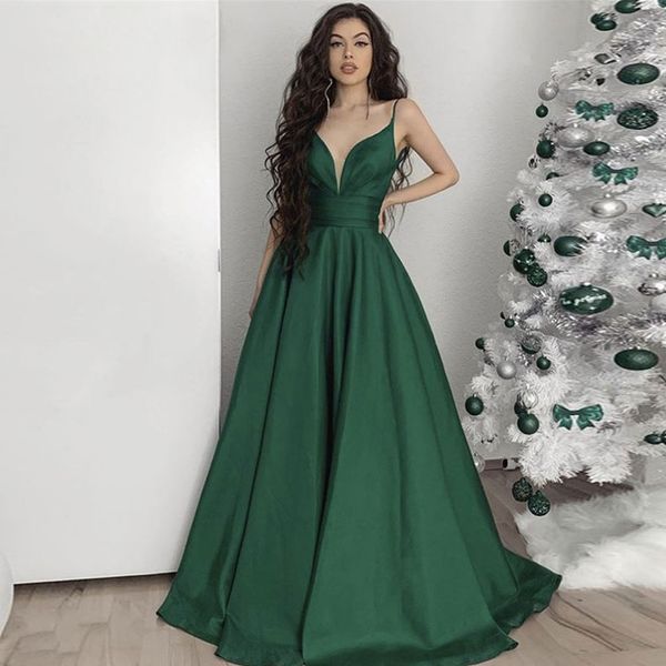 Esmeralda verde espaguete cinta vestidos de noite com decote em v ruched uma linha longo vestido de baile com bolsos cetim varredura trem feminino vestidos de fiesta 326 326