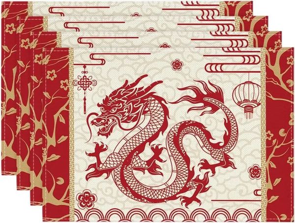 Tapetes Pads 4 PCS Chinês Zodíaco Dragão Padrão Placemats 3045cm Mesa de Jantar de Linho para o Ano da Festa Decoratio 231122