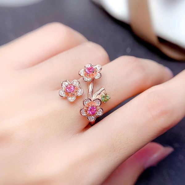 Ring mit 18 Karat Vergoldung, rosa Turmalin, insgesamt 0,3 ct, 3 mm, natürlicher Turmalin-Schmuck, Blumenring aus 925er Silber für den täglichen Gebrauch