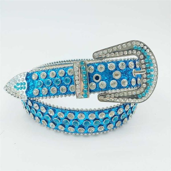 32% OFF Cinto Designer Nova bola azul brilhante cravejada de diamantes cinto feminino de couro com lantejoulas e calças para meninas picantes