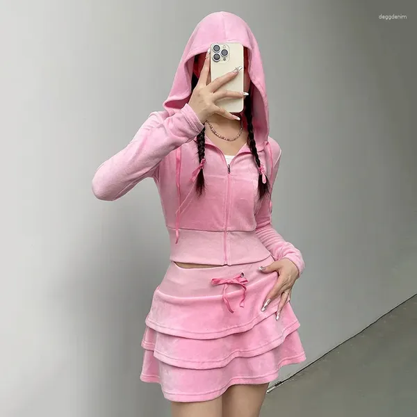 Vestidos de trabalho Houzhou rosa veludo duas peças conjunto para mulheres y2k zip up manga longa cortada com capuz kawaii lace-up babados saia outono inverno