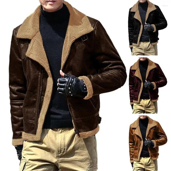 Jaquetas masculinas retro lapela casaco elegante inverno quente pelúcia zíper fechamento contraste cor uma jaqueta obrigatória para o outono