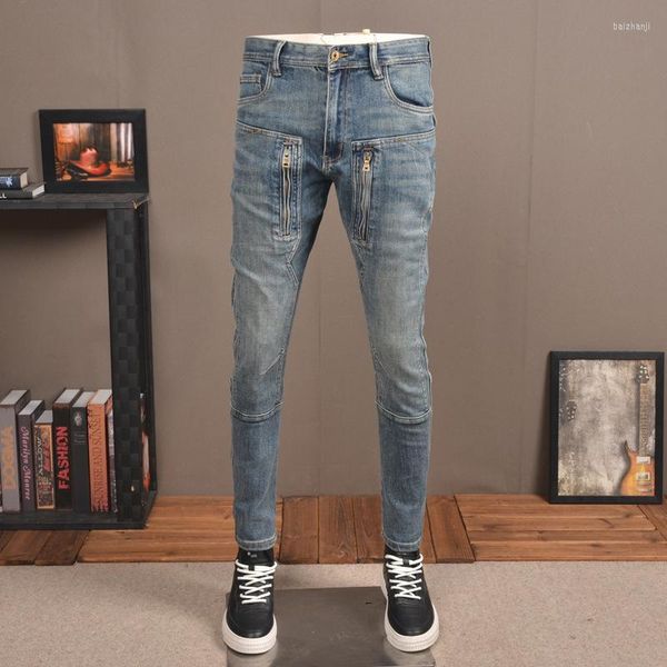 Jeans da uomo con cerniera blu per motociclisti, pantaloni in denim da uomo