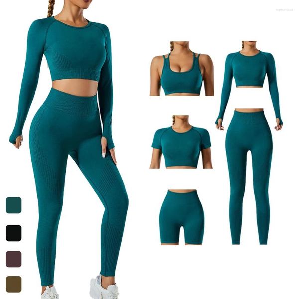 Set attivi Set da yoga per donna Reggiseno sportivo T-shirt da fitness Top a maniche lunghe Pantaloncini da palestra Leggings a vita alta Completo da allenamento Abbigliamento sportivo