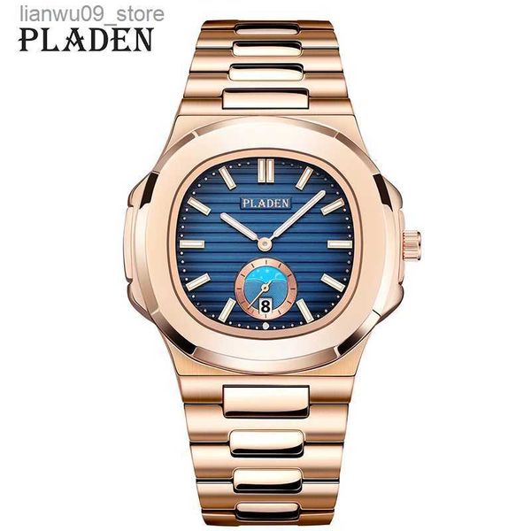 Наручные часы Модные часы из розового золота для мужчин Лучший бренд Full Steel Moon Decoration Кварцевые часы Деловые светящиеся часы для дайвинга с автоматической датой NewQ231123