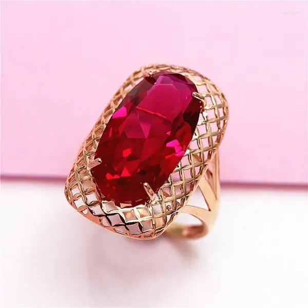 Anéis de cluster 585 ouro roxo 14k rosa clássico oval rubi para mulheres quadrado oco artesanato exagerado jóias de casamento de luxo