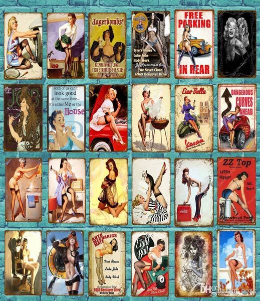 2021 Vintage Sexy Lady Pin Up Girl Pittura Targhe in metallo Piastra metallica Art Poster Wall Sticker Bar Coffee House Cafe Decorazione della parete di casa6832563