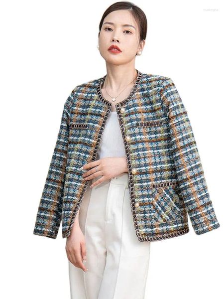 Damenjacken 2023 Streetwear Tweed Plaid Wolljacke Frauen Kurzmantel Herbst Winter Oansatz Knopftasche Casual Tops Weibliche Lose