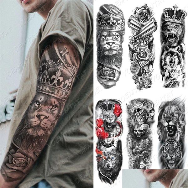 Tatuagens temporárias grande braço manga tatuagem leão coroa rei rosa impermeável tatoo adesivo selvagem lobo tigre homens fl skl totem falso gota d dhiz5