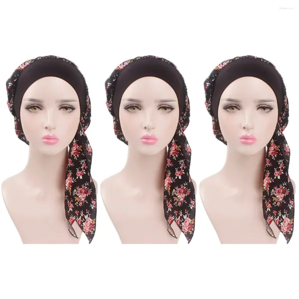 Berretti 3 pz Tessuto Elastico Stampe Foulard Sciarpa Avvolgente Turbante Traspirante Cappello In Cotone Dormire Perdita Di Capelli Berretti Cappelli Chemioterapia