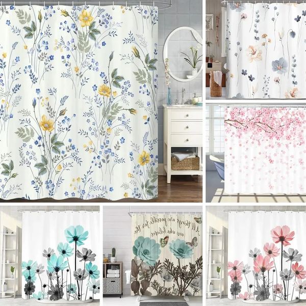 Cortinas de chuveiro Flor Cortina de Chuveiro Aquarela Pequeno Estilo Fresco Banheiro Impermeável Cortina de Poliéster Decoração de Parede com Ganchos 231122