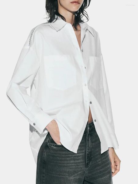 Женские блузки с бисером на плечах, женские белые рубашки 2023, блузка на пуговицах с лацканами и длинными рукавами спереди для женщин, элегантные женские осенние топы