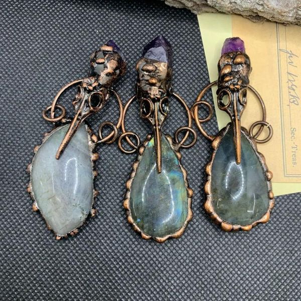Ожерелья с подвесками, натуральный лабрадорит, воронья пасть, аметисты, спектролит, бронзовые подвески, нерегулярный камень, антикварное медное ожерелье