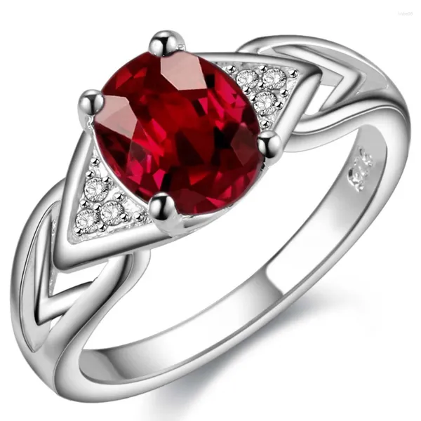 Anéis de cluster clássico vermelho zircão oval atacado 925 jóias banhado a prata anel moda para mulher/uriihmxz fepqdszc