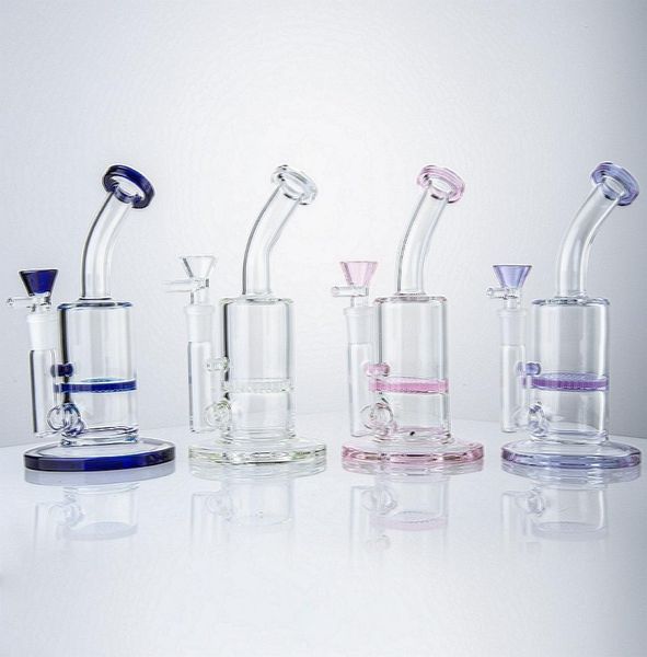 7 polegadas Hookahs Mini Pequeno 5mm de Espessura Oil Dab Rigs Honeycomb Perc Rosa Azul Clear Vidro Bongs 14mm Tubulações de Água Conjunta com Heady Bowl5235306