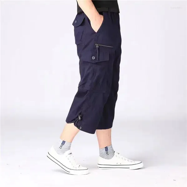 Calças masculinas militares homens ao ar livre baggy tático capris verão fino cintura elástica bolso casual versátil puro algodão bezerro comprimento