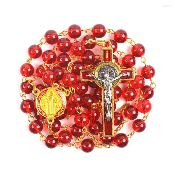 Correntes Catholicism Red Glass Beads Colar com caixa de presente