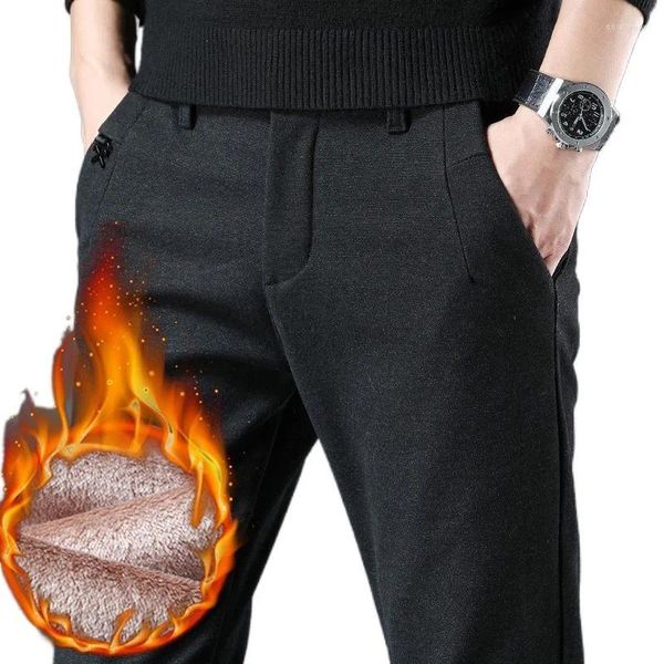 Мужские брюки, теплые зимние мужские флисовые утолщенные брюки в Корейском стиле, облегающие черные, серые клетчатые брюки для мужчин, 2024