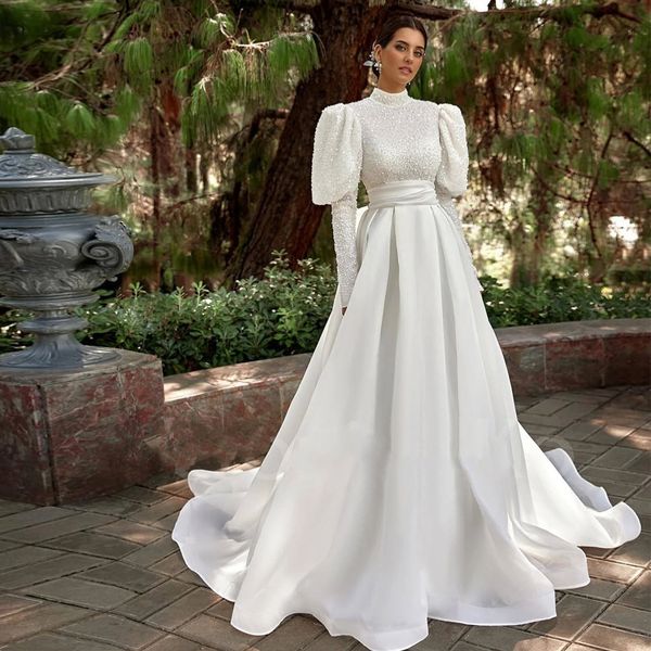 Frisado lantejoulas muçulmano a linha vestidos de casamento para nupcial grande arco cetim vestidos de noiva manga longa capela trem mariee 326 326