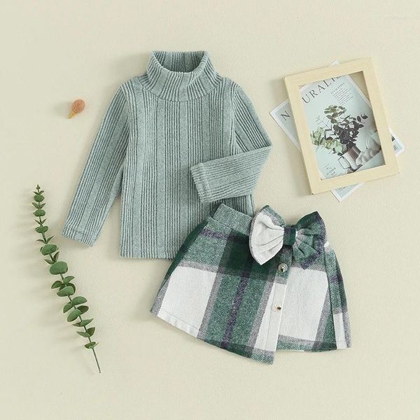 Kleidung Sets Frühling Kinder Mädchen Rollkragen Langarm Gestrickte Pullover Tops Plaid Bowknot Mini Röcke 2 stücke Casual Outfits