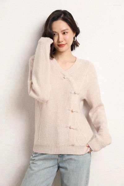 Damenpullover Herbst und Winter verdickter chinesischer Pullover V-Ausschnitt Knopfhaken Blume gestrickter lockerer Pullover Solid C