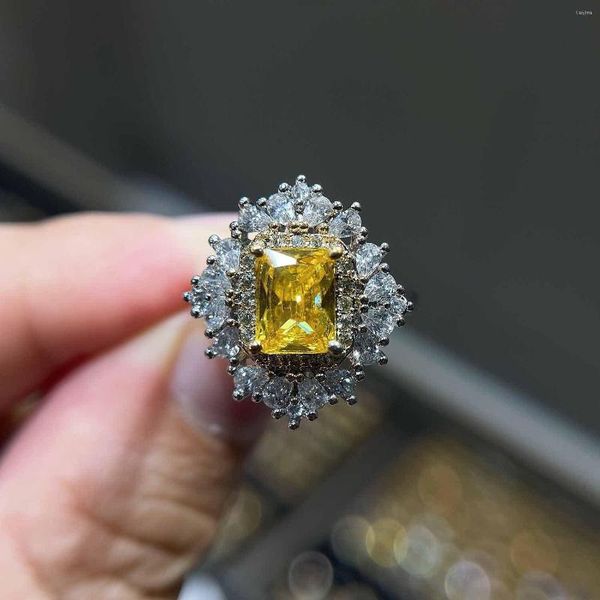 Fedi nuziali Gioielli Taglio principessa Quadrato Zircone giallo Colore argento Fidanzamento Cuore Anello da festa Regali di Natale