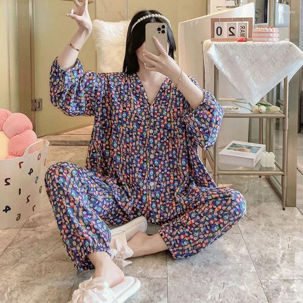 Sleepwear feminino qsrocio primavera outono de algodão pijamas de seda feminina mangas lanternas soltas Cardigan decote em Voz de duas peças ar condicionado