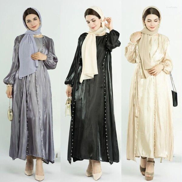 Conjuntos de 2 peças de roupas étnicas fashion de cetim sem mangas e cardigã abaya elegante dubai feminino festa túnica solta kaftan terno