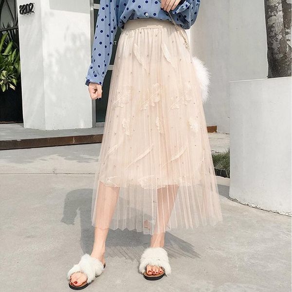 Saias 2023 Primavera verão Summer Autumn unha Bed Feather Bordery Gaze Sweet plissado Long Salia Lady Girl Dress Dress