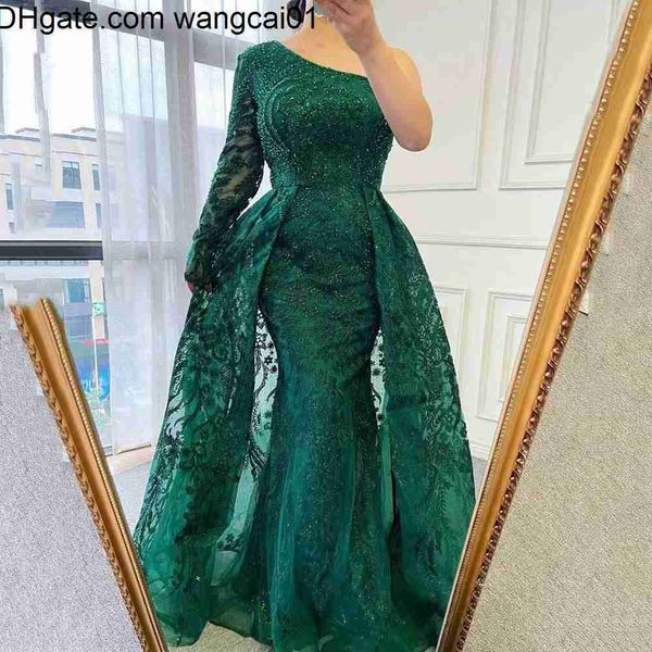 wangcai01 Abiti da passerella verde Abiti per la madre della sposa con paillettes Abito staccabile Sweep Plus Size Abiti per la madre Abito da sera lungo con spalle scoperte caftano