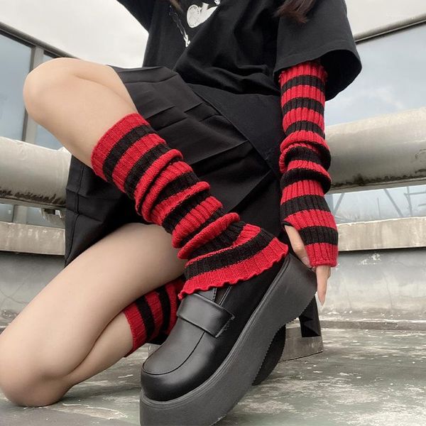 Calzini da donna Lolita Long Women's Red Black Strip Arm Warmer Mantieni caldo Manicotto autunno inverno Polsini per stivali all'uncinetto