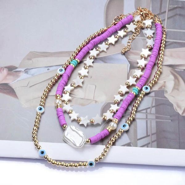 Модные цепочки-колье из полимерной глины для женщин, богемное фиолетовое ожерелье ручной работы с короткой звездой на ключицу, ювелирные изделия