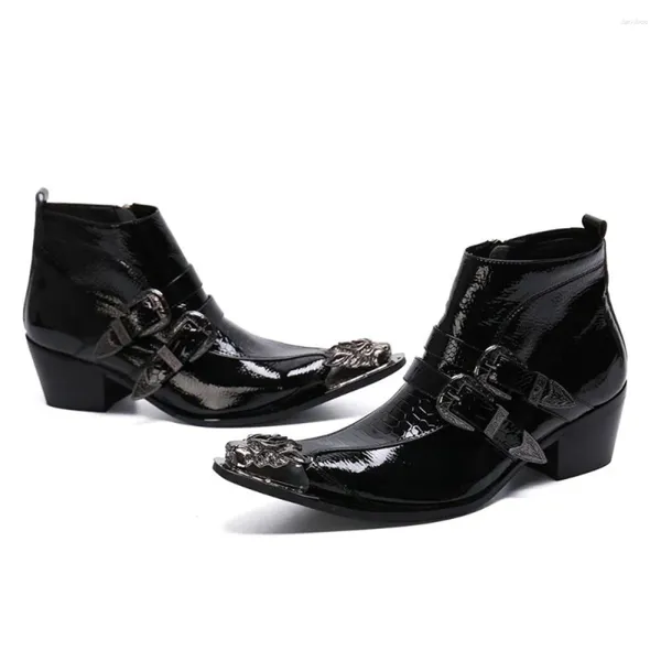 Botas Western Punk Homens Apontados Metal Toe Preto Tornozelo Genuíno Homens Inverno Cowboy