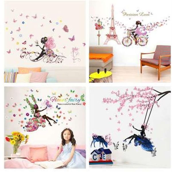 Borboleta flor fada adesivos de parede para quartos infantis decoração do quarto diy decalques de parede dos desenhos animados mural arte pvc cartazes das crianças gi292n