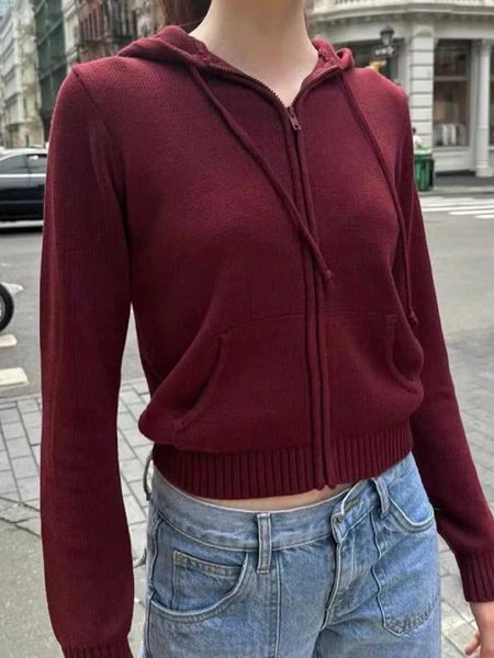 Felpe con cappuccio da donna Felpe con cappuccio vintage lavorato a maglia con vino rosso Donna Autunno con coulisse Tasca con cappuccio Felpa con zip a maniche lunghe Streetwear Felpe con cappuccio Top zln231124