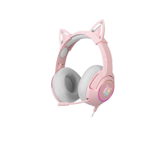 Cuffie con orecchie di gatto rosa con microfono flessibile con luce RGB Cuffie da gioco 7.1 Cuffie per computer surround per PC Gamer