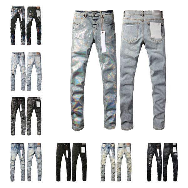 jeans viola jeans firmati per jeans da uomo Pantaloni da trekking strappati Hip hop High Street Fashion Brand Pantalones Vaqueros Para Hombre Ricamo motociclistico Close fittin