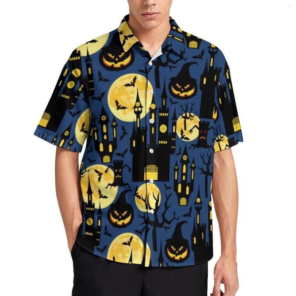 Camisas casuais masculinas Camisa de Halloween Spooky Housed House Bats Beach Praia Loja de Streetwear Bloups Mangas curtas Design Oversize Tops