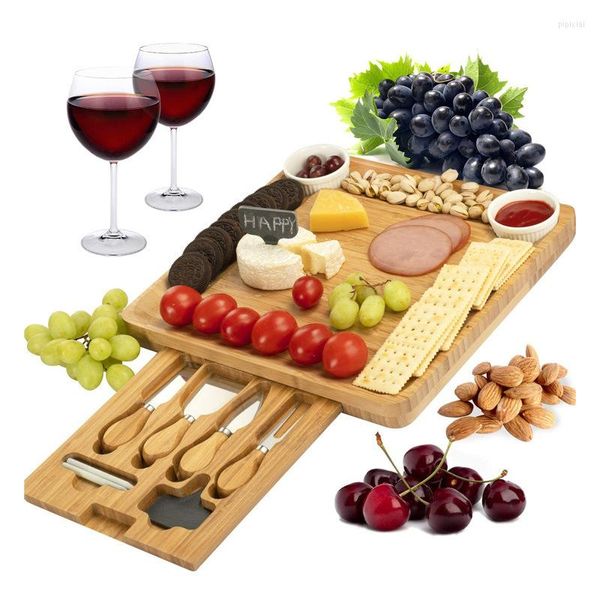 Geschirr-Sets aus Bambus, Käse-Schneidebrett, Messer-Set, dehnbar, Deli-Platte, Schublade, Tablett, Obstteller