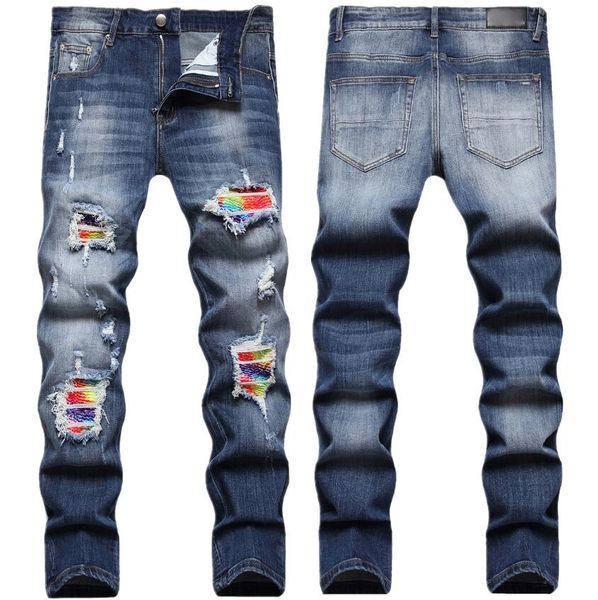 Jeans masculinos 2023 estrela couro ing rasgado jean marca retalhos homens queda américa hip hop denim calça streetwear calças justas-2