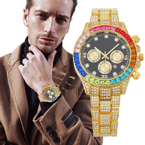 Avanadores de punho de venda de moda masculino Top Top Full Diamond Watch Relógio Quartz Clock Calendário de ouro Relogio Masculino