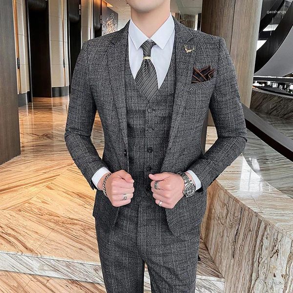 Ternos masculinos 2023 inverno houndstooth estilo coreano conjunto de três peças