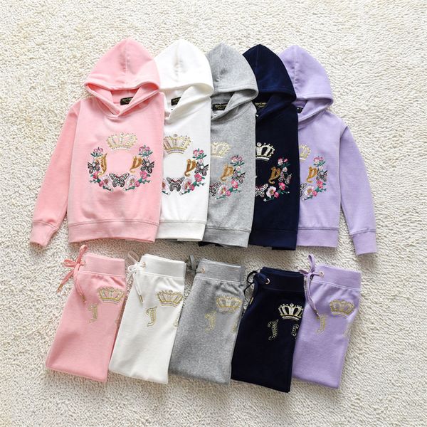 Crianças meninas calças de duas peças veludo treino suculento calças com capuz designer de moda outono roupas esportivas para menina menino manga longa hoodie conjuntos roupas infantis