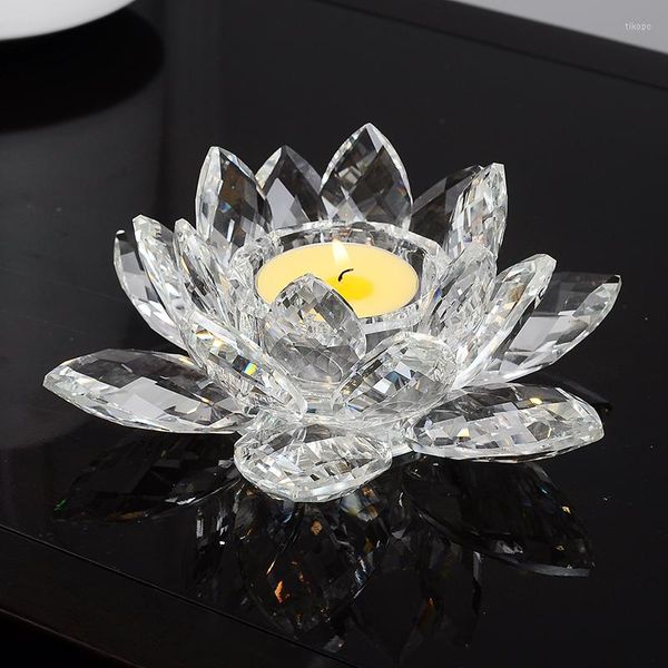 Crystal Lotus Flower Tealight Holder 14.5cm - Elegant AB Champagne Candle Stand for Table Setting & Home Decor
